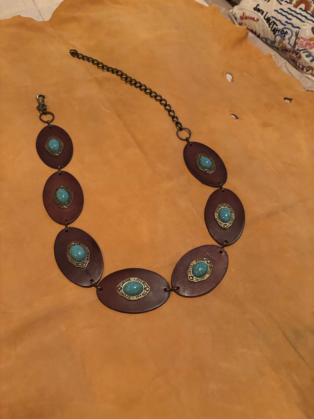 Handcrafted Brown Leather belt with faux Turquoise Accents